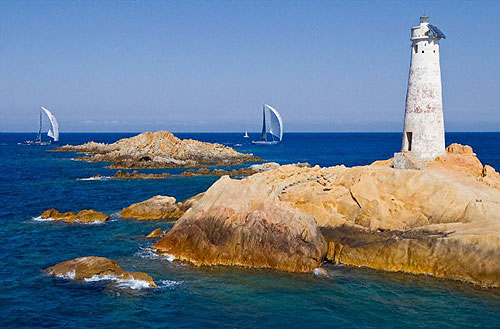 Porto Cervo welcomes Irvine Laidlaw's Highland Fling X and Jean-Charles Decaux's J One, 2nd and 3rd respectively in Race 1, Wally Division of the Maxi Yacht Rolex Cup 2008. Copyright Rolex and Kurt Arrigo.