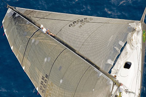 Windspotter in action aloft on Niklas Zennstrom's TP52 RAN (GBR), during the Rolex Middle Sea Race 2008. Photo copyright ROLEX and Kurt Arrigo.