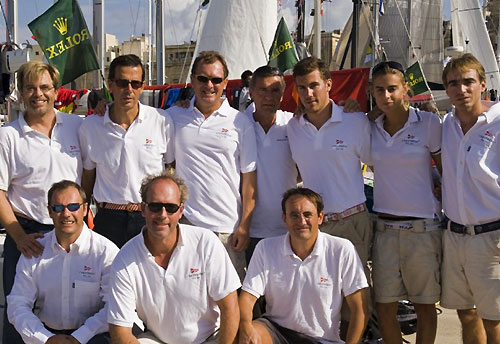 The crew of Giancarlo Ghislanzoni's Chestress 2 celebrating their overall second place achievement for the Rolex Middle Sea Race 2008. Photo copyright ROLEX and Kurt Arrigo.