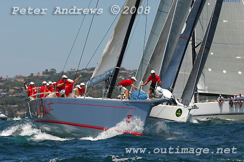 Bob Oatley's Wild Oats X skippered by Iain Murray at the top mark on Sydney Harbour with Alan Briety's brand new Reichel Pugh 62 Limit (centre) and Stephen Ainsworth’s brand new Reichel Pugh 63 Loki (right), during the SOLAS Big Boat Challenge 2008. Photo copyright Peter Andrews.