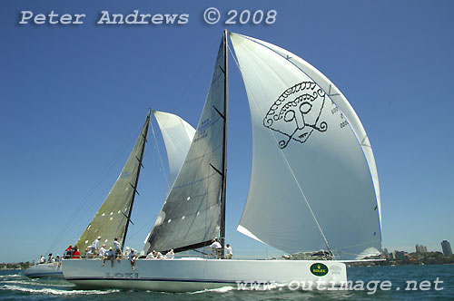 Stephen Ainsworth's brand new Reichel Pugh 63 Loki and Andrew Short's Reichel Pugh 80 ASM Shockwave sail past the mid channel marker buoy on Sydney Harbour, during the SOLAS Big Boat Challenge 2008. Photo copyright Peter Andrews.