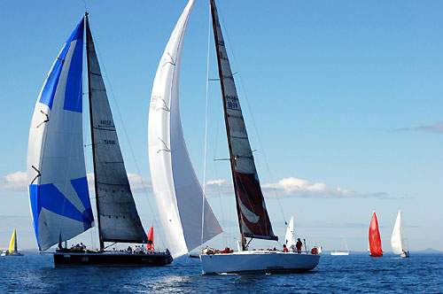 Peter Harburg’s Reichel Pugh 66 Black Jack, ahead of Ray Roberts’ Evolution Sails, just after the start of the Club Marine Brisbane to Keppel Tropical Yacht Race 2009. Photo copyright Suellen Hurling.