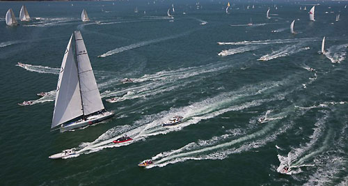 Mike Slade's Farr 100, ICAP Leopard, leading the fleet after the start, Rolex Fastnet Race 2009. Photo copyright Rolex - Carlo Borlenghi.