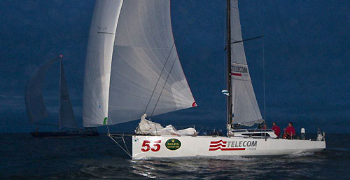 Giovanni Soldini's Class 40 Telecom Italia crossing the finish line, during the Rolex Fastnet Race 2009. Photo copyright Rolex - Carlo Borlenghi.