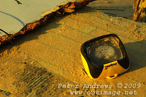 What remains of Shockwave 5, stacked by local Surf Lifesavers for collection after washing up on Corrimal Beach, NSW Australia. Photo copyright Peter Andrews.