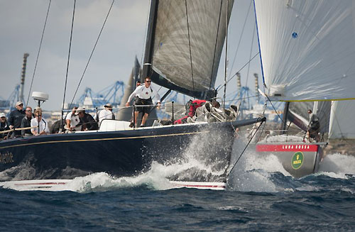 Hap Fauth's Bella Mente and Patrizio Bertelli's Luna Rossa during the 15 nautical-mile warm-up race, for the Rolex Middle Sea Race 2009. Photo copyright Rolex / Kurt Arrigo.