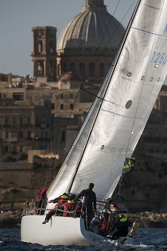 David Franks'  J 125 Strait Dealer, arriving at their final destination of Marsamxett Harbour, during the Rolex Middle Sea Race 2009. Photo copyright Rolex / Kurt Arrigo.