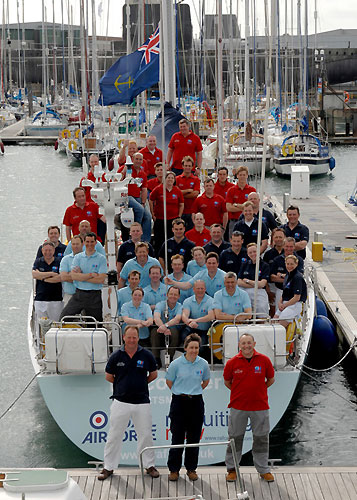 Exercise TRANGLOBE Rolex Sydney Hobart Crews with skippers in foreground L-R Richard Tarr, Skipper of Adventurer of Hornet (Navy); Becky Walford, Skipper of Discoverer of Hornet (Air Force), and Darren ‘Windy' Gale, Skipper Challenger of Hornet (Army). Photo copyright Exercise TRANSGLOBE.