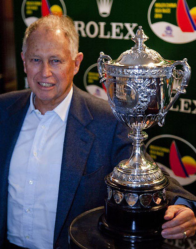 The 2008 defending line honours champion: Neil Pryde, owner of Hi-Fi, with the Sunday Telegraph Trophy. Photo copyright Daniel Forster, Rolex.