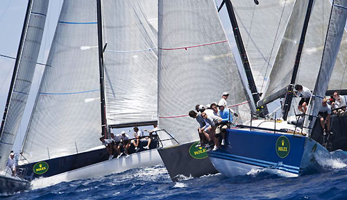 Fleet crossings at the Rolex Farr 40 during the Pre-Worlds. Doug Douglass' Goombay Smash ahead of Wolfgang Schaefer's Struntje Light. Photo copyright Daniel Forster, Rolex.