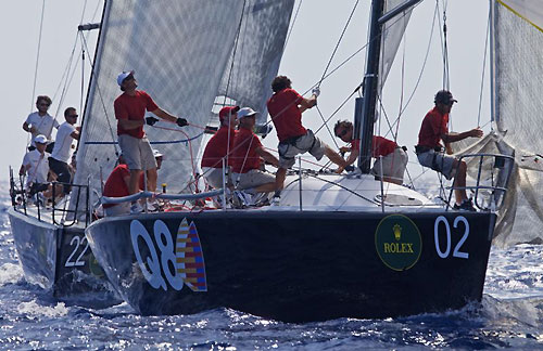 Massimo Mezzaroma's Nerone, third overall after Day 1, seen just ahead of Alessandro Barnaba's Fiamma, fifth overall after day 1, of the Rolex Farr 40 Worlds 2010 in Casa de Campo. Photo copyright Daniel Forster, Rolex.