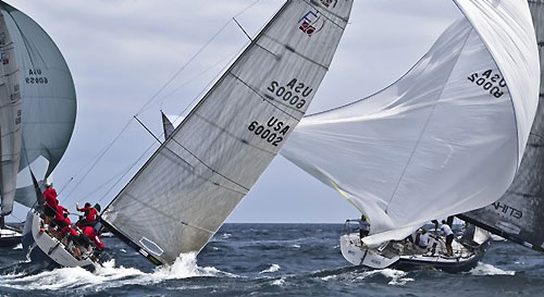 Broach of Helmut and Evan Jahn's Flash Gordon 6 broaches behind Lisa and Martin Hill's Estate Master, during the Rolex Farr 40 Worlds 2010 in Casa de Campo. Photo copyright Daniel Forster, Rolex.