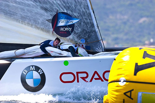 Louis Vuitton Trophy, La Maddalena, Sardegna. First day of racing for the teams but only two races finished before the wind shut down. Mascalzone Latino Audi Team against Azzurera. Mascalzone won the race. Photo copyright Bob Grieser, Outsideimages NZ and Louis Vuitton Trophy.