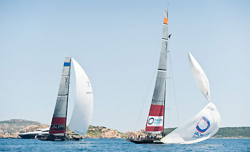 Louis Vuitton Trophy, La Maddalena, Italy, May 22 until June 6, 2010. Race Day 1. TeamOrigin wraps its gennaker during a gybe. Photo copyright Paul Todd, Outsideimages NZ and Louis Vuitton Trophy.