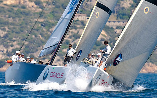 Louis Vuitton Trophy, La Maddalena, Italy, May 22nd-June 6th 2010. Race Day 3. Synergy Russian Sailing Team verses ALL4ONE. Photo copyright Bob Grieser, Outsideimages NZ and Louis Vuitton Trophy.