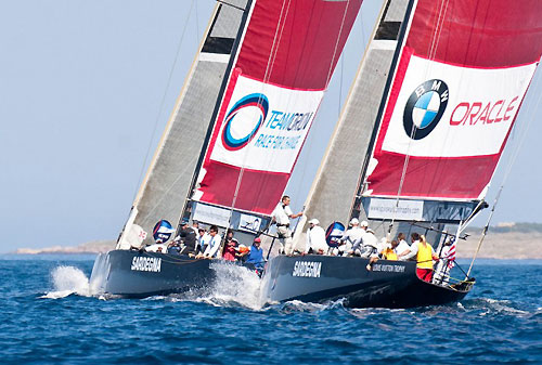 Louis Vuitton Trophy, La Maddalena, Italy, May 22nd-June 6th 2010. Race Day 3. TeamOrigin verses BMW Oracle Racing. Photo copyright Paul Todd, Outsideimages NZ and Louis Vuitton Trophy.