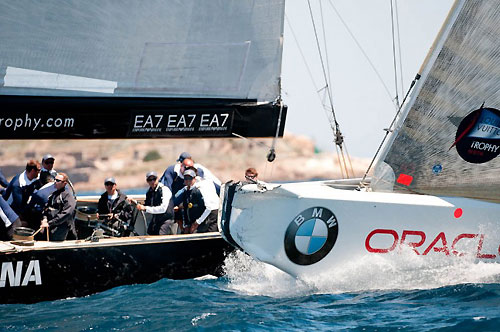 Louis Vuitton Trophy, WSTA La Maddalena, Sardinia, May-June 2010. Day 4. ALEPH bears off with a gash in the bow after striking the starboard transom of Azzurra. ALEPH was disqualified. Photo copyright Paul Todd, Outsideimages NZ and Louis Vuitton Trophy.