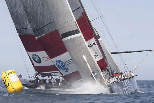 Louis Vuitton Trophy, La Maddalena, Sardegna. All4One while racing BMW ORACLE Racing, in a close race. Photo copyright Bob Grieser, Outsideimages NZ and Louis Vuitton Trophy.