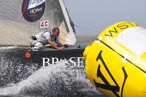 Louis Vuitton Trophy, La Maddalena, Sardegna. BMW Oracle Racing at the top mark. Photo copyright Bob Grieser, Outsideimages NZ and Louis Vuitton Trophy.