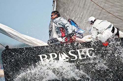 Louis Vuitton Trophy, La Maddalena, Italy. Race Day 5. on the bow of Mascalzone Latino Audi Team. Photo copyright Paul Todd, Outsideimages NZ and Louis Vuitton Trophy.