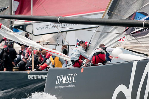 Louis Vuitton Trophy, La Maddalena, Sardinia, Italy. Race Day 5. Synergy Russian Sailing Team (RUS) verses Emirates Team New Zealand (NZL). Photo copyright Paul Todd, Outsideimages NZ and Louis Vuitton Trophy.