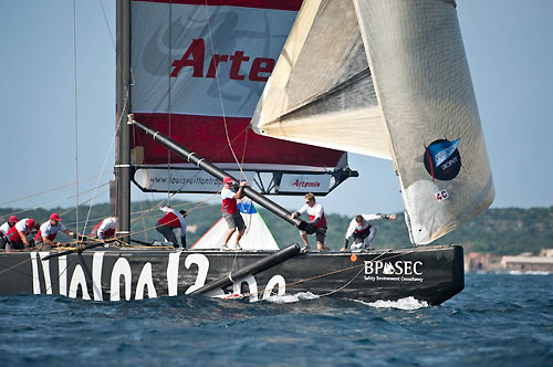 Louis Vuitton Trophy, La Maddalena, Italy. Race Day 8. The Artemis genaker pole goes overboard during the takedown, breaks and drags the genaker under the boat. Photo copyright Paul Todd, Outsideimages NZ and Louis Vuitton Trophy.