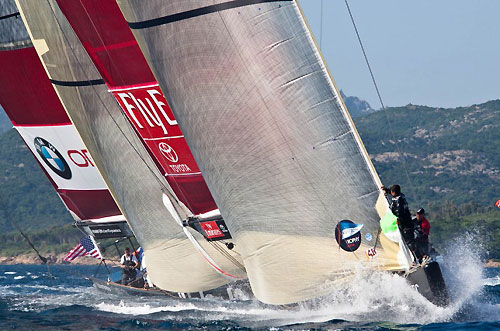 Louis Vuitton Trophy, La Maddalena, Italy. Race Day 9. BMW ORACLE Racing (USA) verses Emirates Team New Zealand (NZL). Photo copyright Bob Grieser, Outsideimages NZ and Louis Vuitton Trophy.