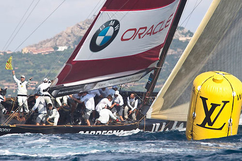 Louis Vuitton Trophy, La Maddalena, Italy. Race Day 9. BMW ORACLE Racing (USA) verses Emirates Team New Zealand (NZL). Photo copyright Bob Grieser, Outsideimages NZ and Louis Vuitton Trophy.