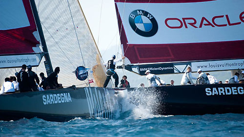 Louis Vuitton Trophy, La Maddalena, Italy, May 22nd-June 6th 2010. Race Day 11. Mascalzone Latino Audi Team (ITA) verses BMW ORACLE Racing (USA). Photo copyright Paul Todd, Outsideimages NZ and Louis Vuitton Trophy.