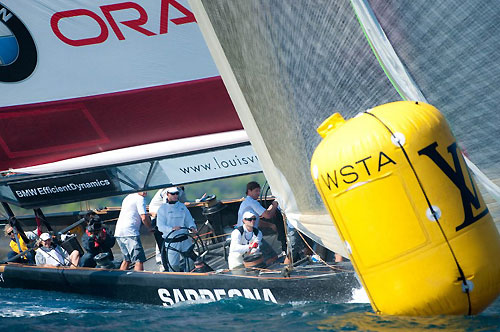 Louis Vuitton Trophy, La Maddalena, Italy, May 22nd-June 6th 2010. Race Day 11. James Spithill at the helm of BMW ORACLE Racing (USA). Photo copyright Paul Todd, Outsideimages NZ and Louis Vuitton Trophy.