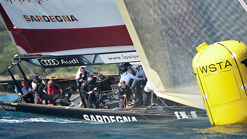 Louis Vuitton Trophy, La Maddalena, Italy, June 1st 2010 during Race Day 11. Gavin Brady at the helm of Mascalzone Latino Audi Team (ITA). Photo copyright Paul Todd, Outsideimages NZ and Louis Vuitton Trophy.