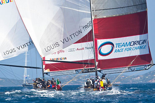 Louis Vuitton Trophy, La Maddalena, Italy, May 22nd-June 6th 2010. Race Day 12. Mascalzone Latino Audi Team (ITA) verses TeamOrigin (GBR). Photo copyright Bob Grieser, Outsideimages NZ and Louis Vuitton Trophy.