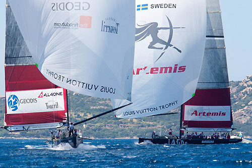 Louis Vuitton Trophy, La Maddalena, Italy, May 22nd-June 6th 2010. Race Day 13. Artemis (SWE) verses ALL4ONE (GER). Photo copyright Bob Grieser, Outsideimages NZ and Louis Vuitton Trophy.