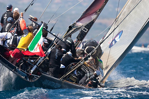 Louis Vuitton Trophy, La Maddalena, Italy, May 22nd-June 6th 2010. Race Day 13. Mascalzone Latino Audi Team (ITA) verses Synergy (RUS). Photo copyright Bob Grieser, Outsideimages NZ and Louis Vuitton Trophy.