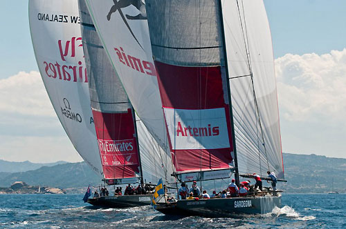 Louis Vuitton Trophy, La Maddalena, Italy, May 22nd-June 6th 2010. Race Day 14. Semi Finals: Artemis (SWE) verses Emirates Team New Zealand (NZL). Photo copyright Paul Todd, Outsideimages NZ and Louis Vuitton Trophy.