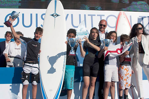 Louis Vuitton Trophy, La Maddalena, Sardegna, May 22nd-June 6th, 2010. The Louis Vuitton Junior Trophy ceremony with Ugo Cappellacci, President of the Region, presenting the awards. Photo copyright Bob Grieser, Outsideimages NZ and Louis Vuitton Trophy.