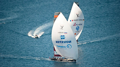 Louis Vuitton Trophy, La Maddalena, Italy, May 22nd-June 6th 2010. Race Day 15. Semi Finals: ALL4ONE (GER) verses Synergy Russian Sailing Team (RUS). Photo copyright Paul Todd, Outsideimages NZ and Louis Vuitton Trophy.