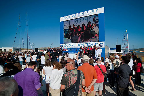 Louis Vuitton Trophy, La Maddalena, Italy, May 22nd-June 6th 2010. Race Day 16. Final: Emirates Team New Zealand (NZL) crew members on stage. Photo copyright Paul Todd, Outsideimages NZ and Louis Vuitton Trophy.