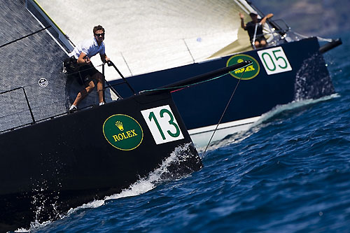 Sir Peter Ogden's mini maxi Jethou and Alexander Scharer's mini maxi Caol Ila, a few seconds from the start. Photo copyright Carlo Rolex and Borlenghi.