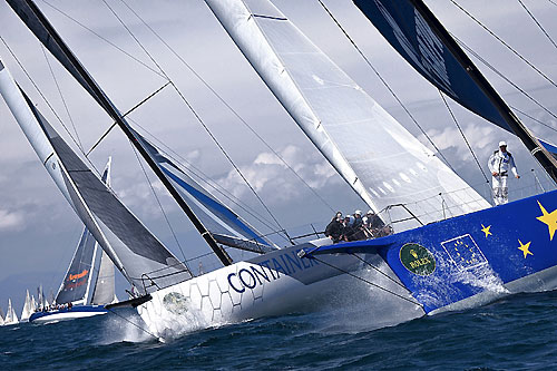 Igor Simcic's 100-footer Esimit Europe 2 and Udo Schuetz's JV 66 Container, during the Giraglia Rolex Cup 2010. Photo copyright Rolex and Kurt Arrigo.