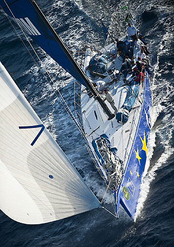 Igor Simcic's Esimit Europa 2 approaching Stromboli, during the 31st Rolex Middle Sea Race. Photo copyright Rolex and Kurt Arrigo.