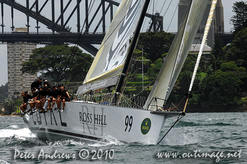 Sean Langman and Anthony Bell’s 100 foot Elliott design Investec Loyal, during the SOLAS Big Boat Challenge 2010 on Sydney Harbour. Photo copyright Peter Andrews, Outimage Australia.