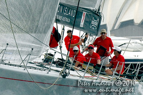 Bob Oatley at the helm of his Supermaxi Wild Oats XI, during the SOLAS Big Boat Challenge 2010 on Sydney Harbour. Photo copyright Peter Andrews, Outimage Australia.