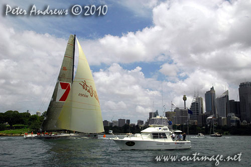 Bob Oatley's Supermaxi Wild Oats XI taking out line honours in the SOLAS Big Boat Challenge 2010 on Sydney Harbour. Photo copyright Peter Andrews, Outimage Australia.