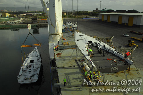 Niklas Zennström’s handicap favourite for 2010, Rán, still onboard a ship last year in Port Kembla Harbour, prior to unloading for the Rolex Sydney Hobart 2009. Photo copyright Peter Andrews, Outimage Australia.