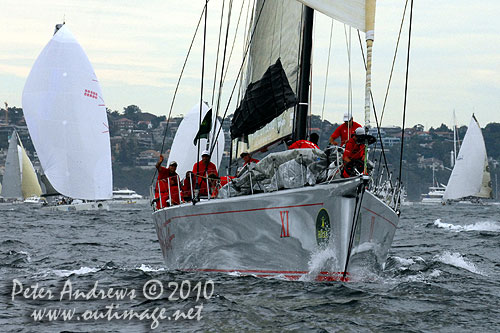 Bob Oatley's Wild Oats XI, after the start of the Rolex Sydney Hobart 2010. Photo copyright Peter Andrews, Outimage Australia.