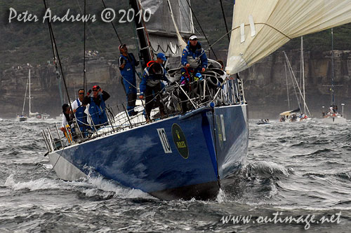 Grant Wharington's Maxi Wild Thing outside the heads after the start of the Rolex Sydney Hobart 2010. Photo copyright Peter Andrews, Outimage Australia.