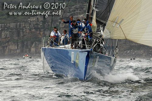 Grant Wharington's Maxi Wild Thing outside the heads after the start of the Rolex Sydney Hobart 2010. Photo copyright Peter Andrews, Outimage Australia.