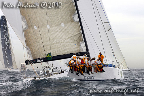 Stephen Ainsworth's Reichel Pugh 63 Loki, outside the heads after the start of the Rolex Sydney Hobart 2010. Photo copyright Peter Andrews, Outimage Australia.