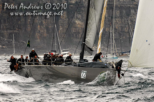 Niklas Zennström’s Rán, outside the heads after the start of the Rolex Sydney Hobart 2010. Photo copyright Peter Andrews, Outimage Australia.